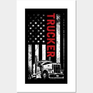 Vintage Trucker Gift American Flag Truck Driver Posters and Art